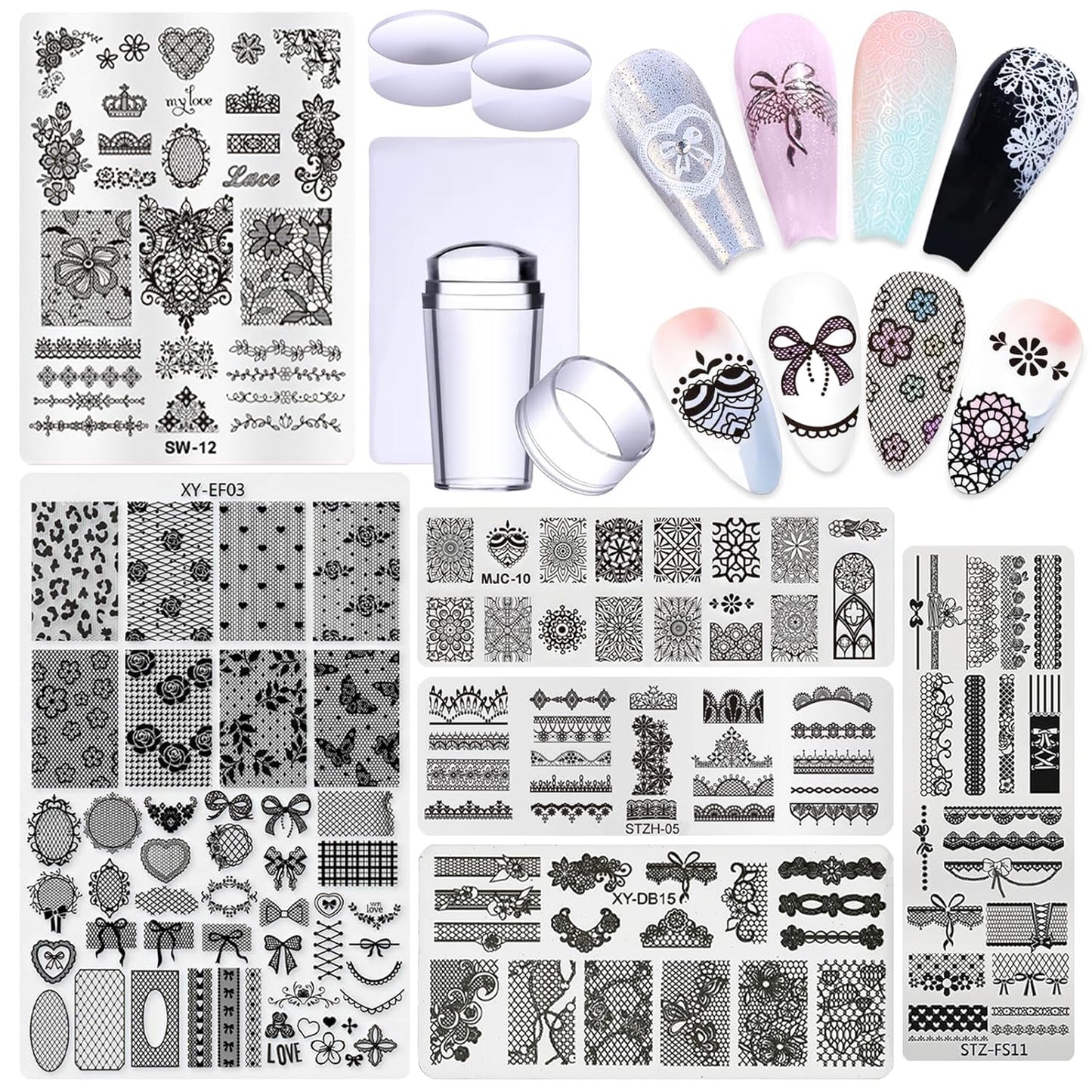 6pcs Lace Flower Design Nail Stamping Plate Kit With French Tip Nail Stamper Kit Ribbon Bow Knot Nail Stencil Reusable Stainless Steel Manicure Tool Nail Supplies for Salon DIY-BrightBean Baby