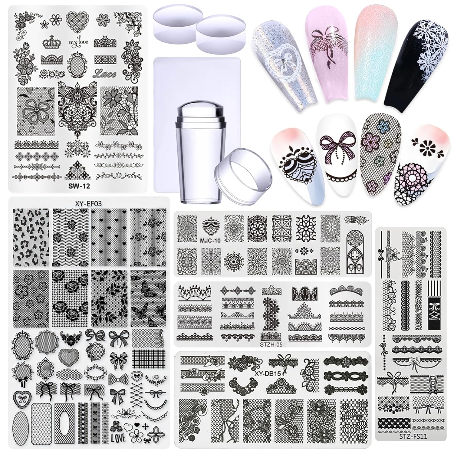 6pcs Lace Flower Design Nail Stamping Plate Kit With French Tip Nail Stamper Kit Ribbon Bow Knot Nail Stencil Reusable Stainless Steel Manicure Tool Nail Supplies for Salon DIY-BrightBean Baby