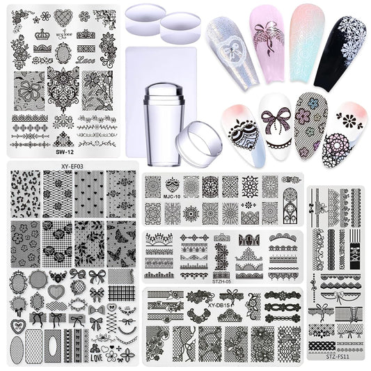 6pcs Lace Flower Design Nail Stamping Plate Kit With French Tip Nail Stamper Kit Ribbon Bow Knot Nail Stencil Reusable Stainless Steel Manicure Tool Nail Supplies for Salon DIY-BrightBean Baby