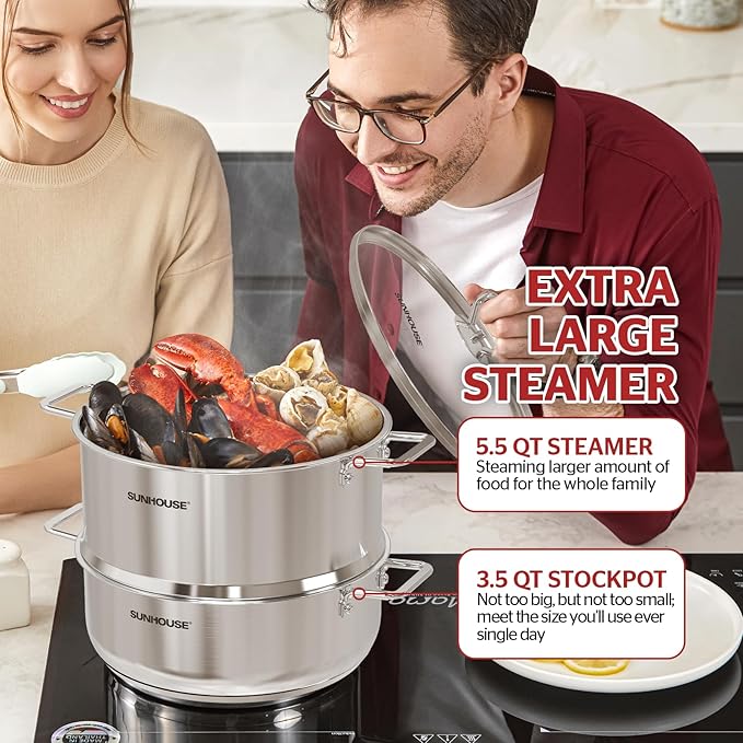 SUNHOUSE 2-Tier Stainless Steel Steamer Pot 5.5QT - Toxin-Free Healthy Cooking