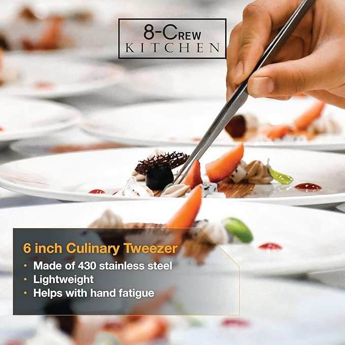 8-CREW KITCHEN Professional Chef Tongs 2 pc Set - 12” 304 Stainless Steel Tweezer for Cooking and Multi-Use - 6” Culinary Tweezer for Plating, Bar and Food Decorating