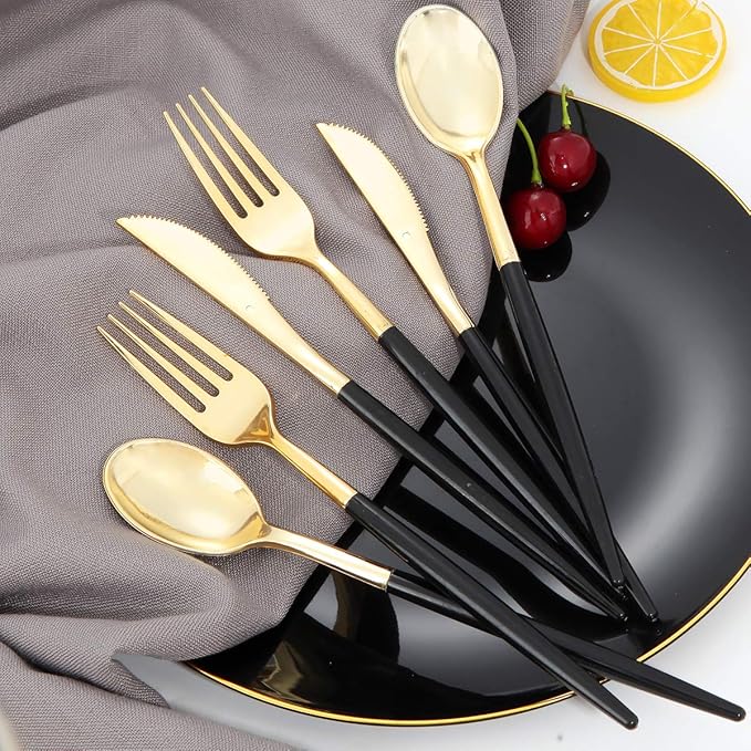 I00000 144 PCS Black Silverware Set, Plastic Silverware with Black Handle, Gold Plastic Cutlery Includes: 48 Forks, 48 Knives and 48 Spoons for Party or Dinner& Wedding