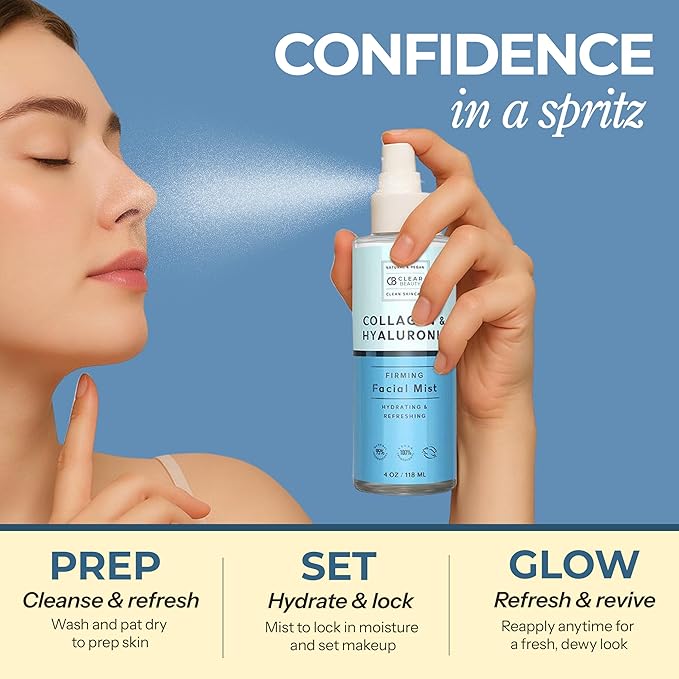 Hyaluronic Acid & Collagen Face Mist - Dermatologist Tested, Moisturizes & Tones Skin, Anti-Aging, Natural Ingredients, Cruelty-Free, 95% Natural - All Skin Types - 4 OZ-BrightBean Baby