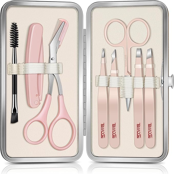 TsMADDTs Tweezers for Women Facial Hair, 8 in 1 Eyebrow Kit with Tweezers, Eyebrow Trimmer Scissors, Razor, Brush with Travel Bag, Hair Plucking Daily Beauty Tools-BrightBean Baby