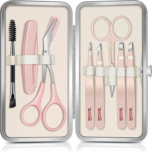 TsMADDTs Tweezers for Women Facial Hair, 8 in 1 Eyebrow Kit with Tweezers, Eyebrow Trimmer Scissors, Razor, Brush with Travel Bag, Hair Plucking Daily Beauty Tools-BrightBean Baby
