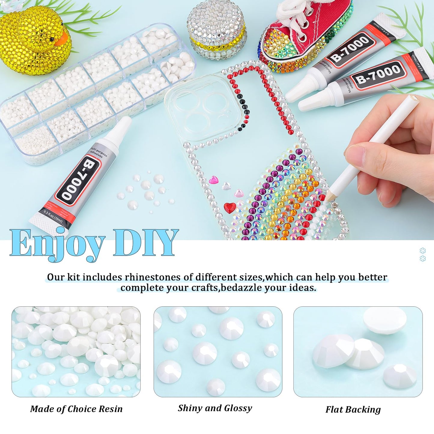 6000Pcs Resin Rhinestones for Bedazzling with 3Pcs B7000 Jewelry Glue, 1 Box White Flatback Rhinestones for Crafting Crafts DIY, Crystals Gems for Clothing Shoes Tumblers Nail Art Makeup-BrightBean Baby