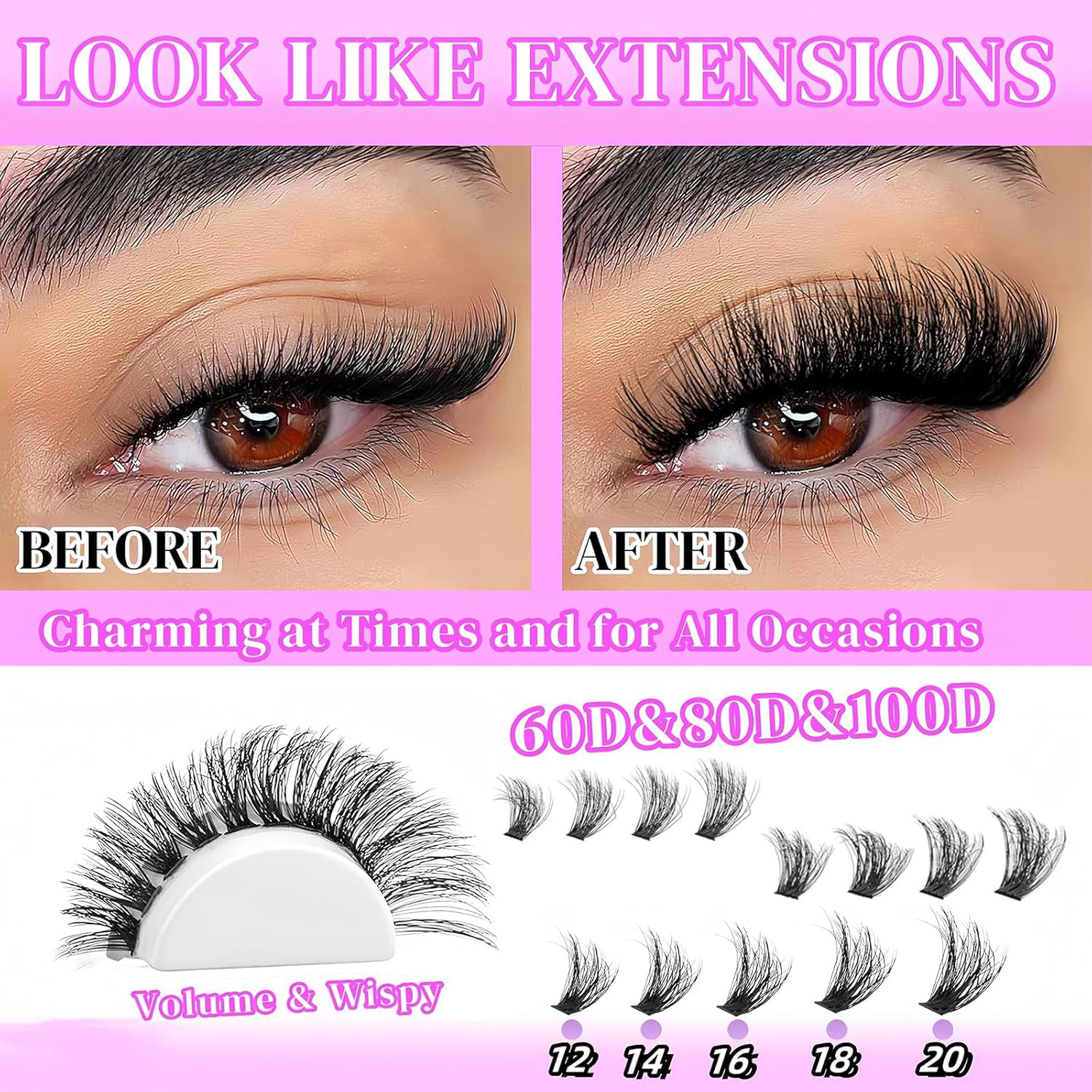 Lashes Clusters Kit Gift Packs 3 Styles 760Pcs with 2X Bond&Seal Volume Soft False Eyelash Extension 80D+100D D Curl Wispy Natural DIY Individual Fake Eyelashes Box for Beginners Bulk Pack-BrightBean Baby