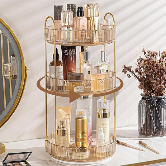 Rotating Makeup Organizer for Vanity, High-Capacity Skincare Clear Make Up Storage Perfume Organizers Cosmetic Dresser Organizer Countertop 360 Spinning (Gold, 3 Tier)-BrightBean Baby