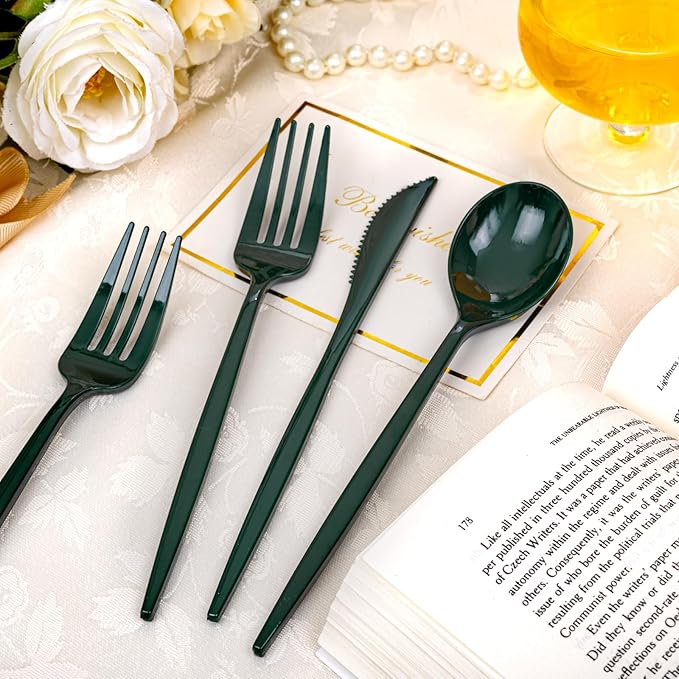 PULOTE 150PCS Green Plastic Silverware - Plastic Cutlery Set Disposable - Green Plastic Utensils Include 50 Forks, 50 Spoons, 50 Knives for Party&Christmas