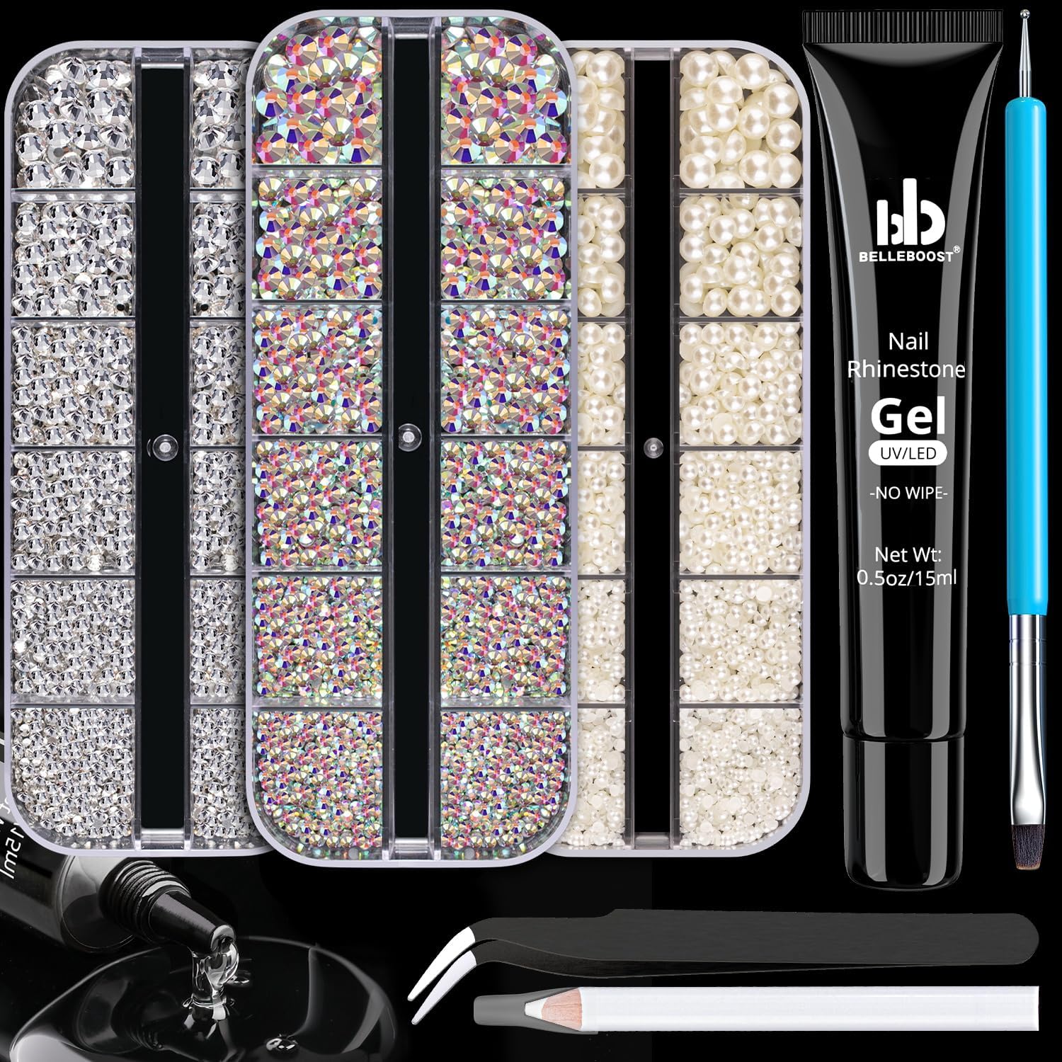 Rhinestone & Pearl Manicure Kit - Nail Rhinestone Glue Gel, Flatback Glass Crystal AB + Clear Gems, Beige Half Round Pearls, Gem Glue for Nails (UV/LED Needed) with Dotting Tools-BrightBean Baby