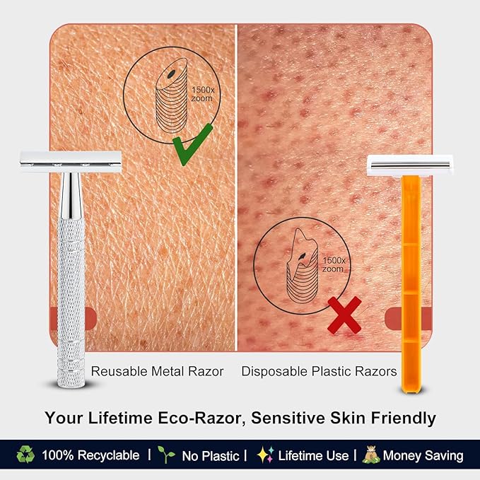 Double Edge Safety Razor with Stand, Single Blade Razors for Men and Women, Metal 1 Blade Razor, with 10 Platinum Coated Stainless Steel Double Edge Blades, Smooth and Close Shave, Silver-BrightBean Baby