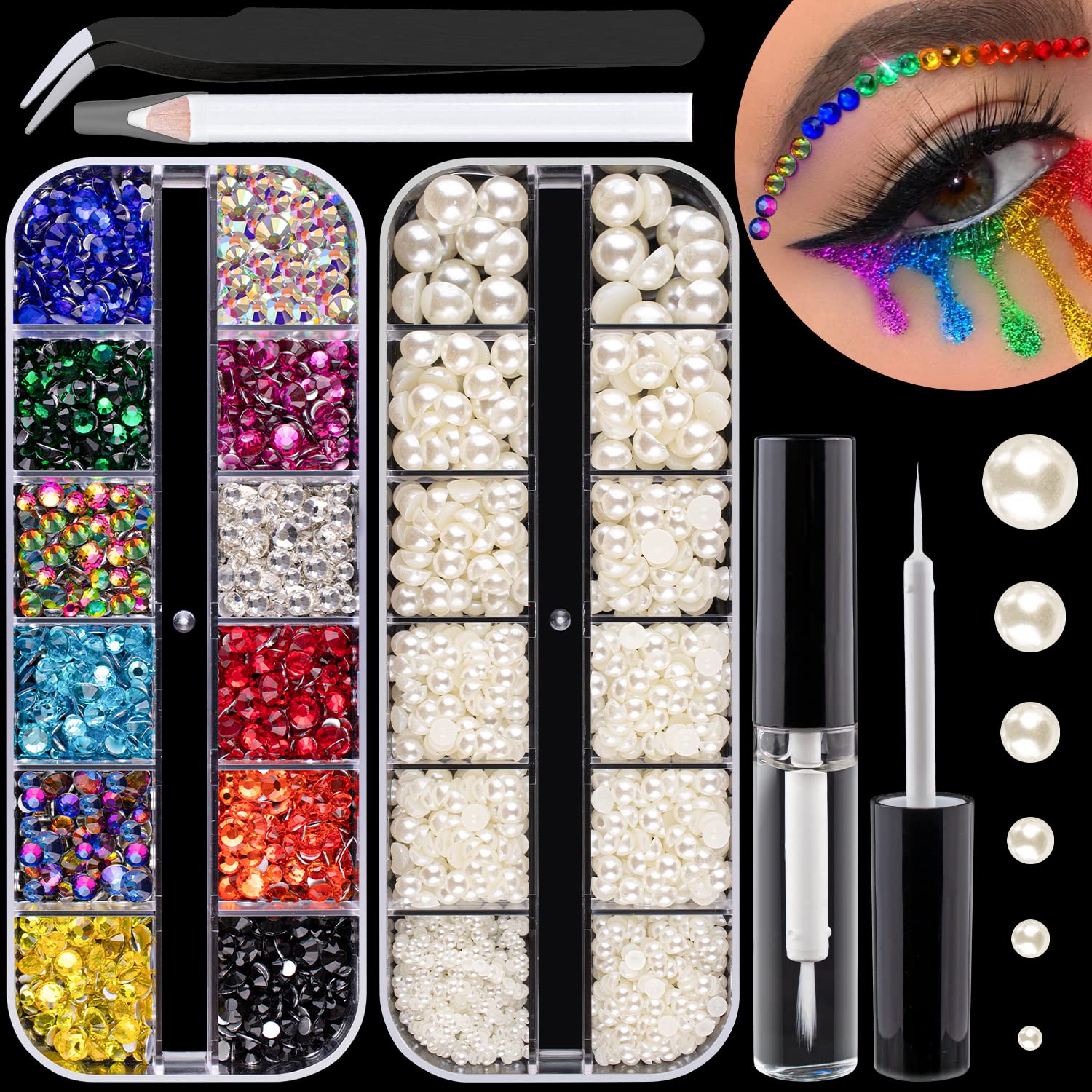 Colorful Flatback Face Gems and Beige Pearls for Makeup with Quick Dry Glue, Half Round Pearls Nail Art Rhinestones Glass Crystal Beads for Make-up Deco with Pickup Pencil + Tweezer-BrightBean Baby
