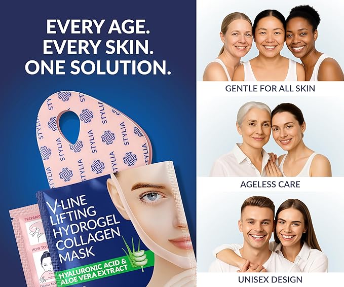 Stylia V Line Lifting Collagen Face Mask - Double Chin Strap for Women - Jawline Shaper Face Lift Tape - Neck Lift Collagen Mask - Chin Strap for Sleeping - Hyaluronic Acid, Aloe Vera, Cica 7P-BrightBean Baby