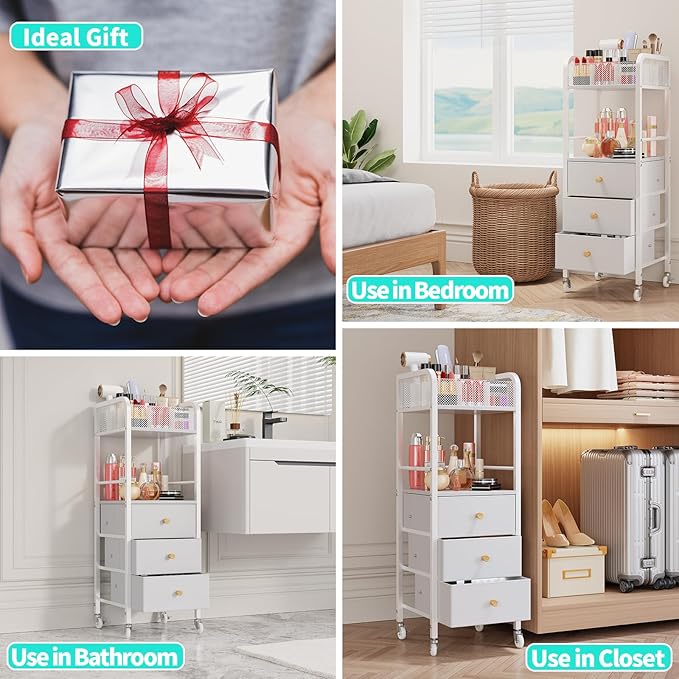 HapiRm Rolling Makeup Cart Organizer - Floor Skincare Make Up Storage with 3 Drawers, Vanity Organizer Cosmetic Display Cases Holder for Skin Care Perfume Nail Polish Brush Hair Tool, White-BrightBean Baby