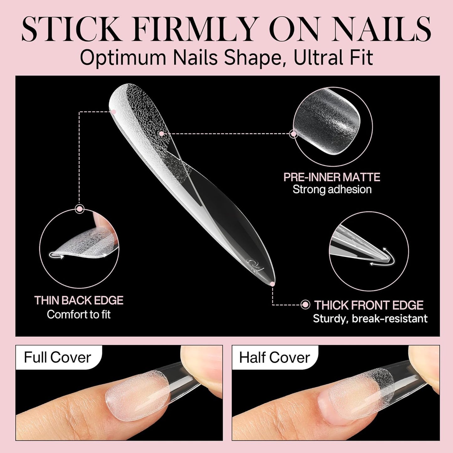 Long Amond Nail Tips: 504pcs Stiletto Gel Nails Tips Half Matte Full Cover Clear False Fake Nails for DIY Nail Art Press On Nails Acrylic Extensions 12 Sizes-BrightBean Baby