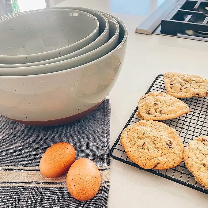 Mora Ceramic Large Mixing Bowls - Set of 2 Nesting Bowls for Cooking, Serving, Popcorn, Salad etc - Microwavable Kitchen Stoneware, Oven, Microwave and Dishwasher Safe - Extra Big 2.5 & 1.6 Qt - Grey
