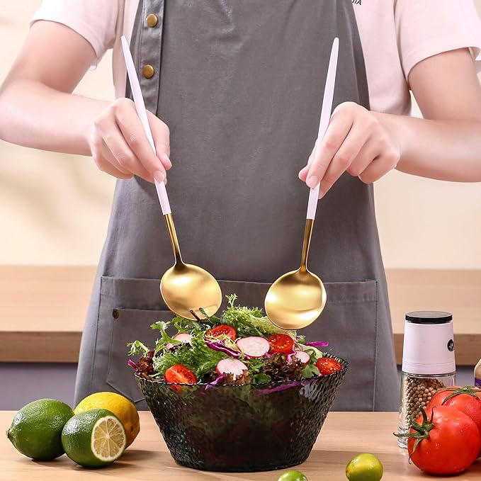 Lemeya White Gold Salad Serving Utensils,Serving Spoons Stainless Steel,2Pcs Long Handle Salad Servers 11.42 Inch,Salad Utensils for Serving,Matte Finish,Dishwasher Safe