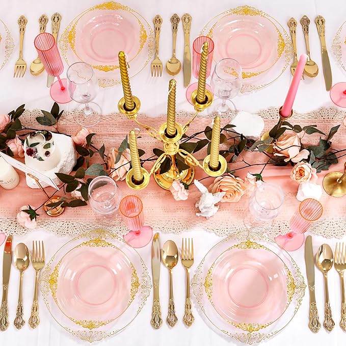 100PCS Clear Pink Plastic Bowls - 12 oz Pink Gold Disposable Salad Bowls - Heavy Duty Disposable Soup Bowl - Fancy Plastic Ice Cream Bowl for Weddings Parties Dinners Picnics