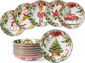 Christmas Pasta Bowls, Ceramic Salad Serving Bowl Set, 8 Inch Wide and Shallow Dinner Bowl Plate for Kitchen, Dishwasher and Microwave Safe, Set of 6