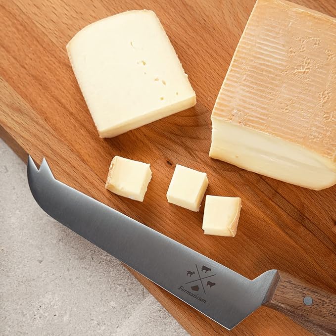 Formaticum - Professional Tasting Cheese Knife - 7" x 1.25" All Types of Cheese Slicer, Stainless Steel Blade, Fork Tip and Walnut Handle, Great Cheese Charcuterie Accessories - Handmade in Italy