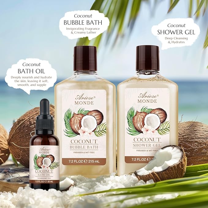 Bath & Shower Spa Basket Gift Set, Coconut Scent, with Shower Gel, Bubble Bath,Body Lotion, Bath Bomb,Bath Salt, Bath and Body Gift Box for Women-BrightBean Baby