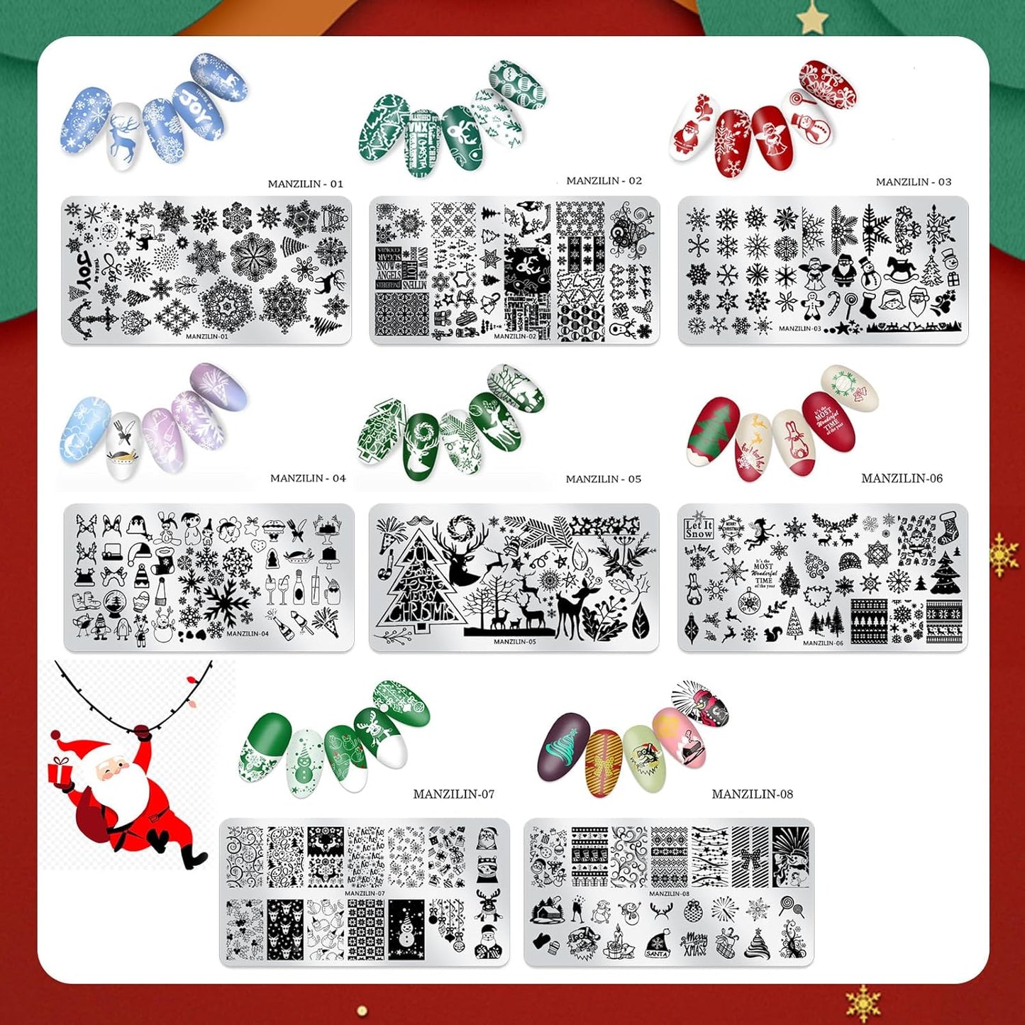 Christmas Nail Stamping Plates - Winter Stamp Kit with Snowflake, Santa Claus, Christmas Tree, Elk & Candy Bells Designs - DIY Stainless Steel Nail Image Polish Template Kit (8Pcs)-BrightBean Baby