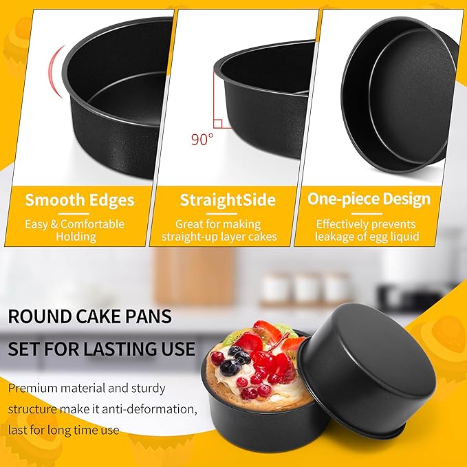 P&P CHEF 4 Inch Cake Pan Set of 3, Non-Stick Round Cake Pans Tins for Tier Smash Cakes, Baking Pans Set & Essential Bakeware, Stainless Steel Core & Leak-Proof
