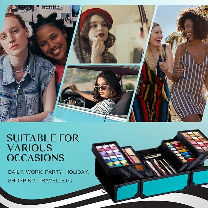 Color Nymph All In One Makeup Kit Comestics Gifts for Girls Teens, Travel Makeup Set 4 Trays Train Case for Beginner Includes Eyeshadow Highlighter Lipgloss Blush Concealer Brush Eyeliner Lipbalm-BrightBean Baby