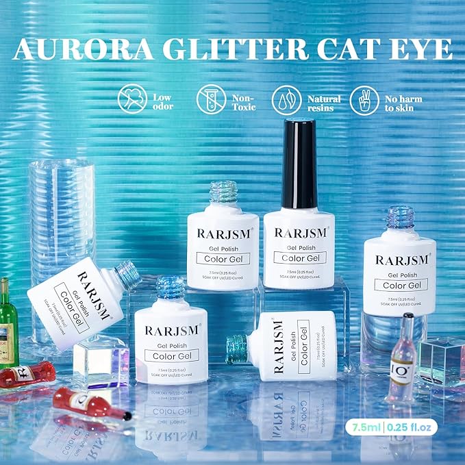 RARJSM Blue Cat Eye Gel Nail Polish Set 6pcs Reflective Diamond Glitter Clear Light Gray Sea Blue Green Tone Glass Cateye Gelpolish with Magnet Stick 7.5ml Curing Requires Soak Off for Home Salon-BrightBean Baby
