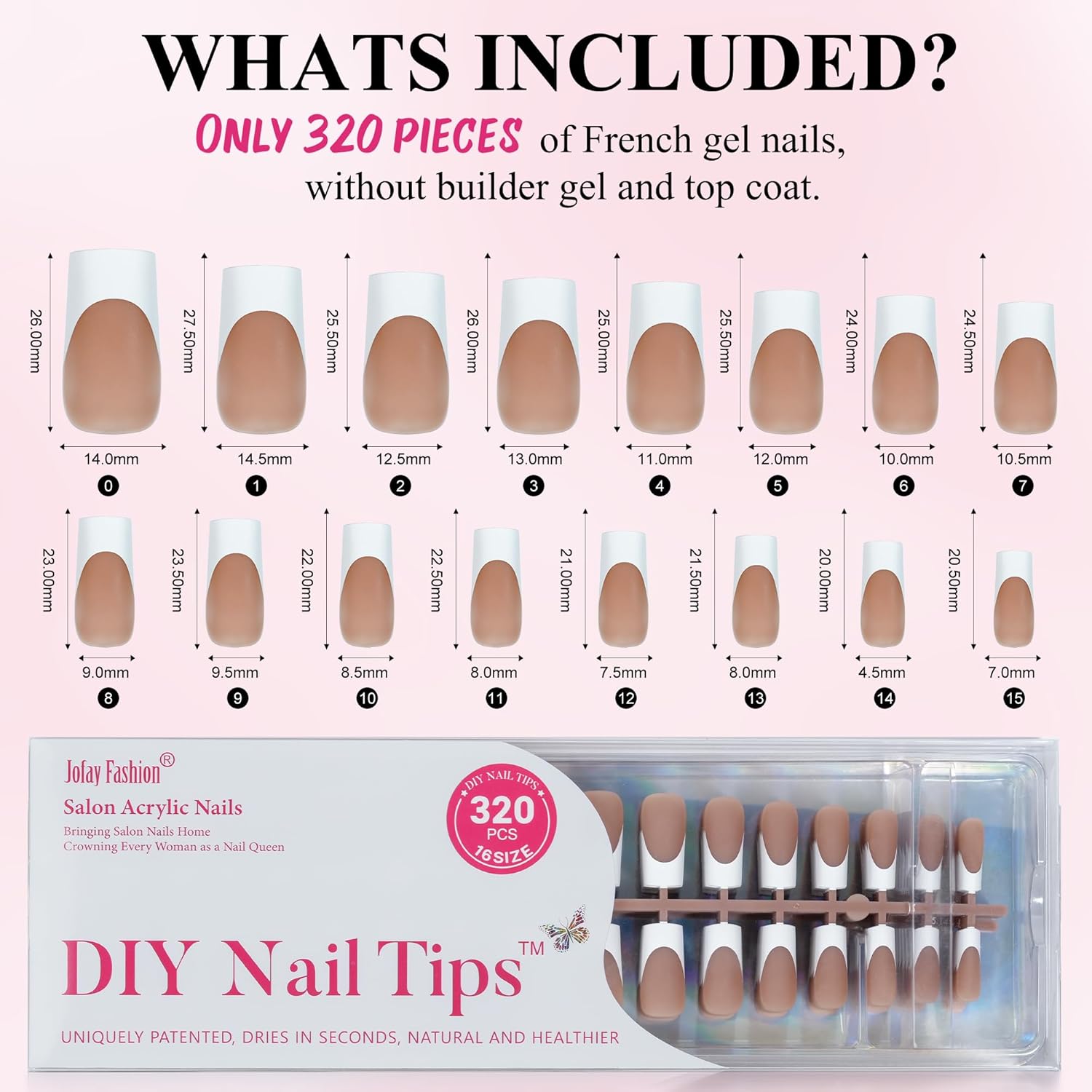 French Gel Nail Tips - Jofay Fashion French Tip Press on Nails, 10-Piece Set 320Pcs Brown Long Square Nail Tips, No Need to File Acrylic Fake Nails for Nail Art DIY & Nail Extension, 16 Sizes-BrightBean Baby