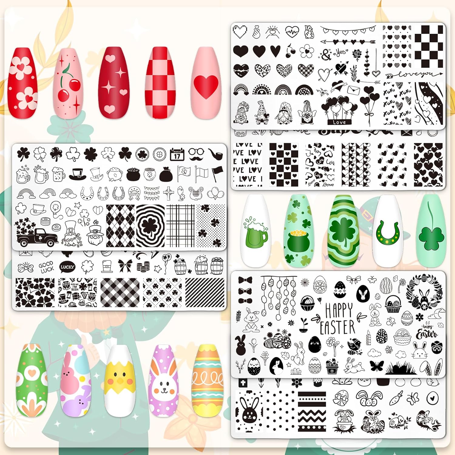 Whaline 6Pcs Valentine's Day St. Patrick's Day Easter Nail Plates Stamping Set Heart Shamrock Egg Stamp Templates Nail Art Plates for DIY Print Manicure Salon Design-BrightBean Baby