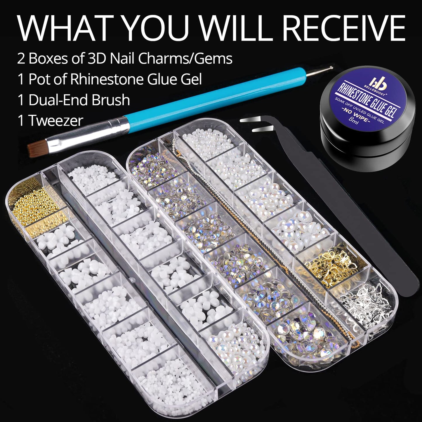 Mixed 3D Nail Art Gem Decoration Accessories Kit #6, Butterfly Starry AB Rhinestone Charm Jewelry for Deco, Pearl Flower Caviar Bead Stone Crystal with Dual-End Brush and Tweezer-BrightBean Baby