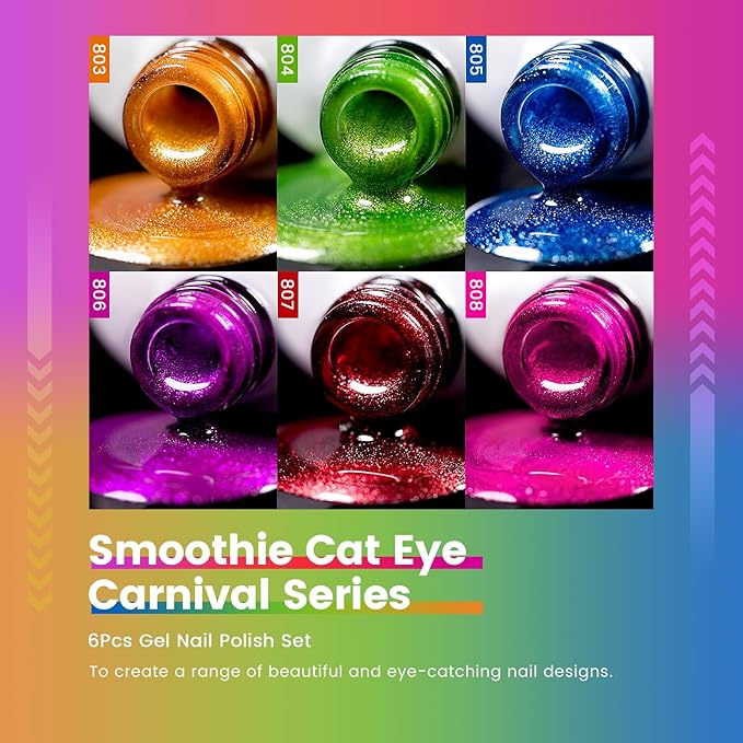 RARJSM 9D Neon Cat Eye Gel Nail Polish Set 6 Colors Velvet Silver Glitter Bright Orange Blue Red Green Rose Purple Ice Gel Polish with Magnet Stick UV LED Curing Requires Soak Off Home Salon Diy-BrightBean Baby