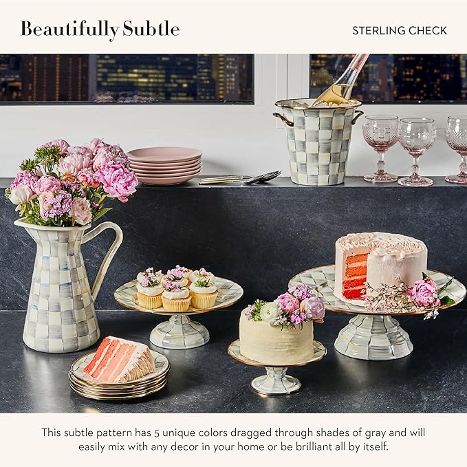 MACKENZIE-CHILDS Enamel Salad and Dessert Plate, Small Plate for a Dessert or Appetizer Dish, 8 Inches, Gray-and-White Sterling Check