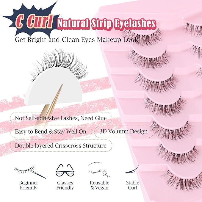 Eyelashes Natural False Lashes 14mm Eye Lashes with Thin Band 3D Volume Fake Eyelashes C Curl Wispy Lashes Natural Look 7 Pair-BrightBean Baby