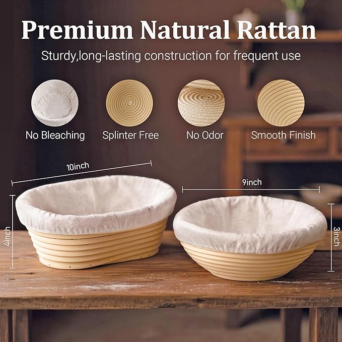 Sourdough Bread Proofing Basket Kit, 9" Round and 10" Oval Banneton Basket with Liners & Covers, Bread Baking Supplies with Bread Lame, Dough Whisk, Brush, Bowl Scraper