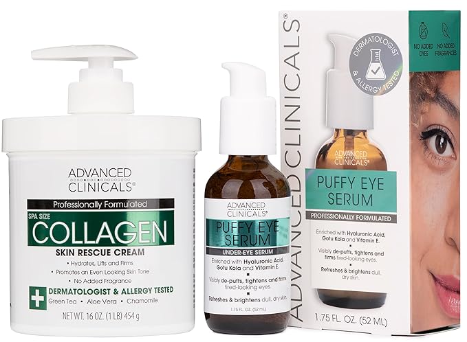 Advanced Clinicals Collagen Cream + Puffy Eye Face Serum 2pc Set | Collagen Body Lotion & Brightening Under Eye Serum | Fragrance Free | Skin Care Products, 2pc Bundle-BrightBean Baby
