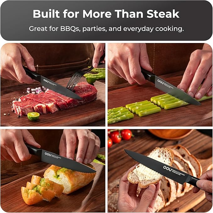 OOU Steak Knives Set of 6, 4.5" German High Carbon Stainless Steel Steak Knife Set, Serrated Steak Knives, Dishwasher Safe & Rust-Resistant Kitchen Knife Sets