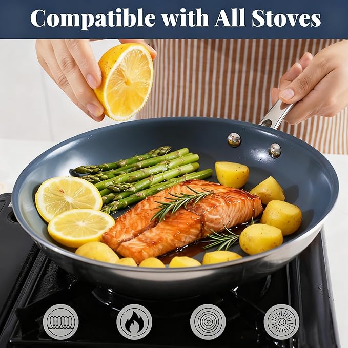 Stainless Steel Non Stick Frying Pan 10 Inch - Ceramic Coating Skillet with Lid