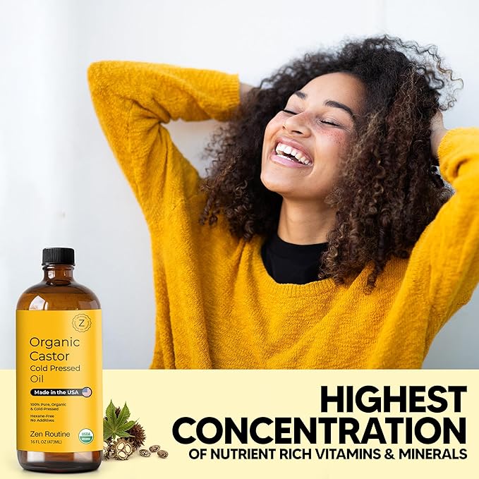 Zen Routine Organic Castor Oil (BIG Glass Bottle - 32oz) Hexane Free – Hair Growth Oil, Eye Lashes & Stomach – Pure 100% Cold Pressed Unrefined Oil for Castor Pack – USDA Certified, Made in the USA-BrightBean Baby