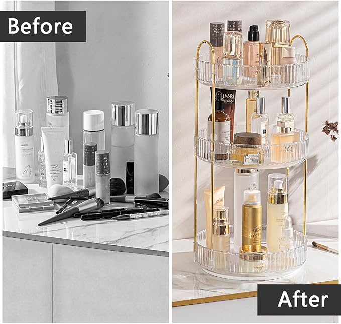 Rotating Makeup Organizer for Vanity, High-Capacity Skincare Clear Make Up Storage Perfume Organizers Cosmetic Dresser Organizer Countertop 360 Spinning (Clear, 3 Tier)-BrightBean Baby