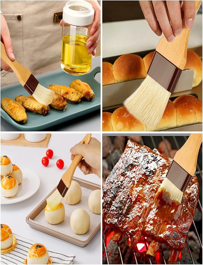 Natural Bristle Basting & Pastry Brush Set - 1.5"& 1" Food Grade Cooking Brushes, Not Shedding, for Turkey Basting, Butter, Egg Wash, Baking (4 Pc)