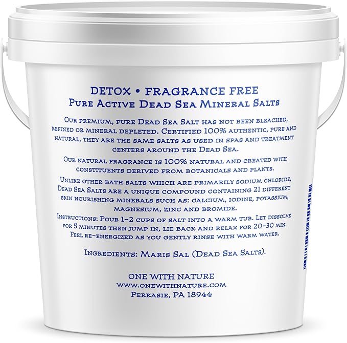 One With Nature 100% Pure Dead Sea Salt for Bath, 5lb Unscented. Dead Sea Salt is high in Essential Minerals, Such as Magnesium, Sulfur, Zinc, Potassium. Exfoliates, Nourishes Skin, Helps Restore pH-BrightBean Baby