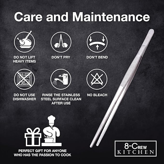 8-CREW KITCHEN Culinary Stainless Steel Tweezers, 8-inch Straight Tip Chef Precision Tongs for Plating, Decorating, Food Design, Bar and Multi-Purpose