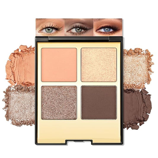Erinde 4 Colors Eyeshadow Palette Eye Shadow Makeup, Matte Shimmer Metallic Peach Champagne Dark Brown Nude Neutral Eyeshadow, Long Wearing, Velvety Pigmented Blendable, Quad Eye Shadow Palette, 02-BrightBean Baby