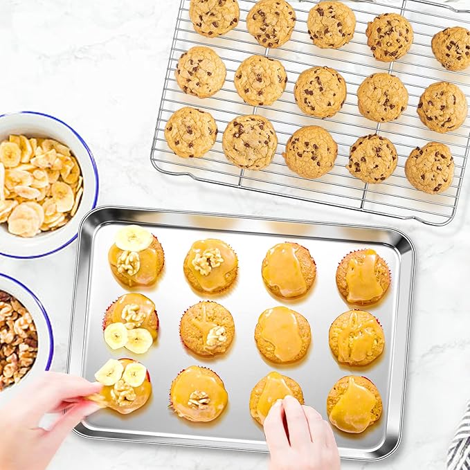 P&P CHEF 17.5 Inch Stainless Steel Baking Sheet with Rack Set (2 Pans+ 2 Racks), Cookie Sheets Baking Trays and Cooling Wire Racks, Oven & Dishwasher Safe, Pans with Flat Racks
