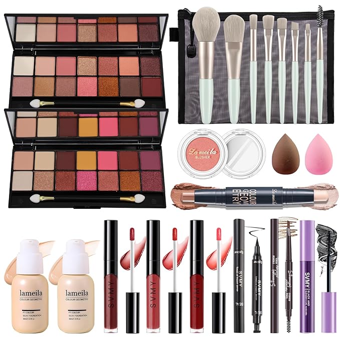 Makeup Present Set for Teen Girl Women, Travel Makeup Kit, Makeup Full Kit for Beginner, Makeup Bundle Include 2 Matte & Shimmer Eyeshadow Palettes, Liquid Glitter Eyeshadow & Eyeliner-BrightBean Baby