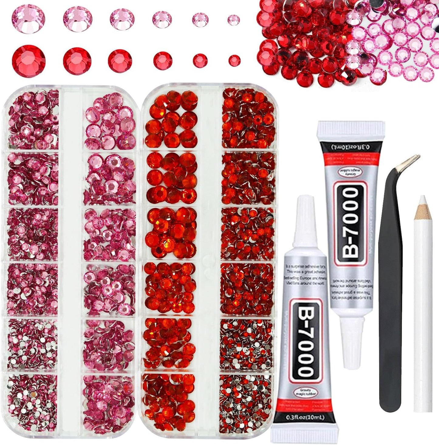 Pink and Red Rhinestones with Glue(S8-S30) for Bedazzling,2mm-6mm Non-Hotfix Flatback Nail Gems Beads with B7000, Resin Nail GemsStones Diamond Kit for Bedazzle Crafting, Nails DIY Art Decoration-BrightBean Baby