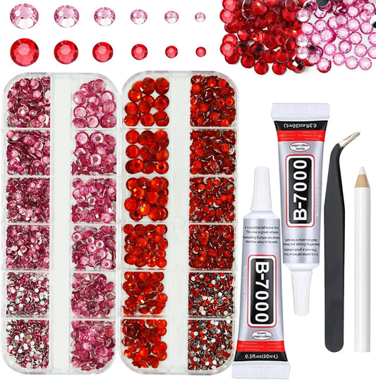 Pink and Red Rhinestones with Glue(S8-S30) for Bedazzling,2mm-6mm Non-Hotfix Flatback Nail Gems Beads with B7000, Resin Nail GemsStones Diamond Kit for Bedazzle Crafting, Nails DIY Art Decoration-BrightBean Baby