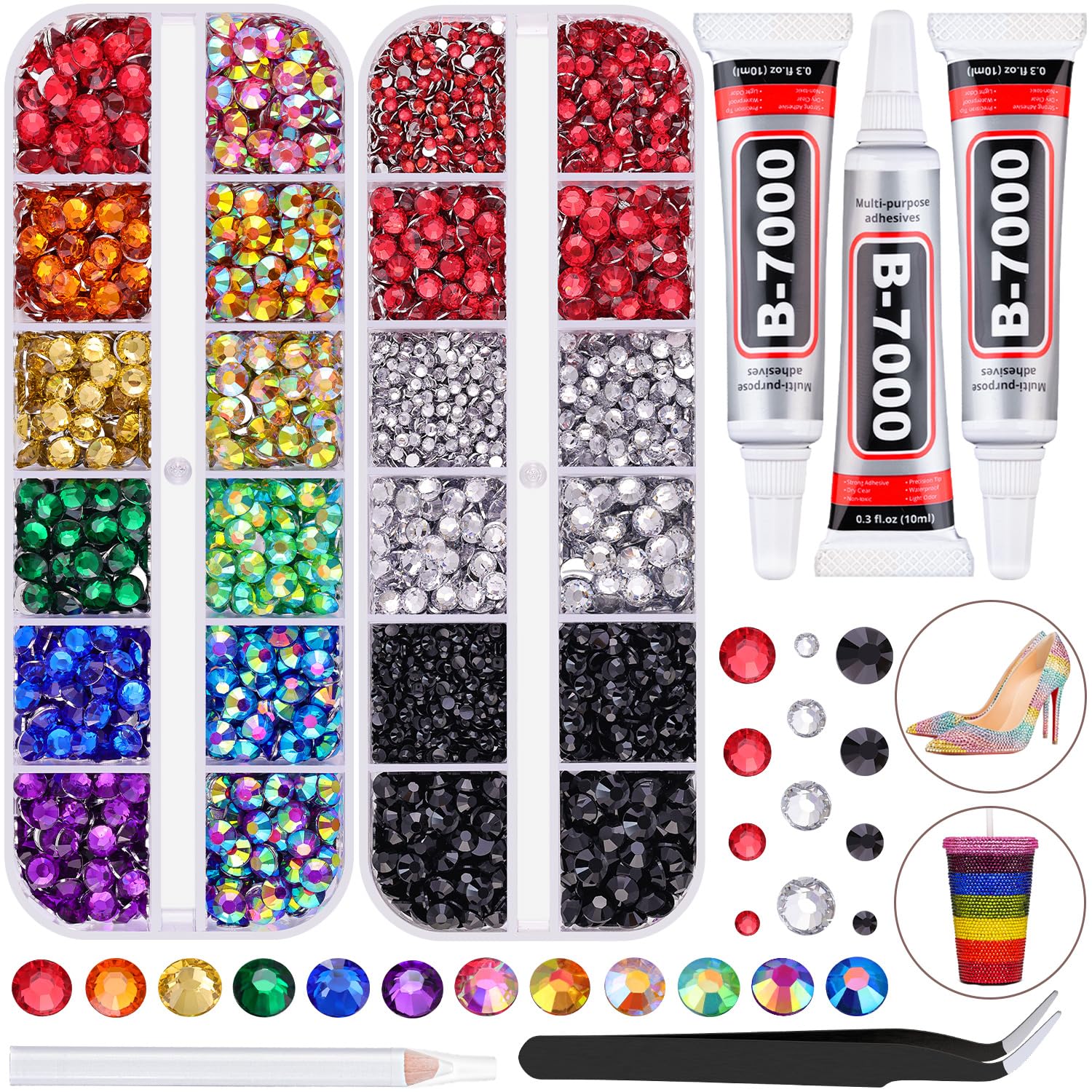 8500 PCS Flatback Rhinestones for Crafting and 3PCS B7000 Glue (Pack 1), 2 Boxes of Rainbow Resin Rhinestones Gems Charms for Bedazzling DIY Crafts Fabric Clothing Tumblers Shoes Nail Art-BrightBean Baby